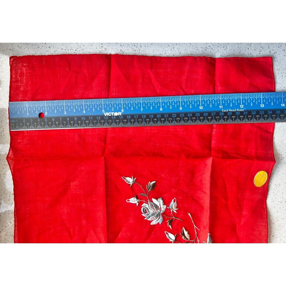 Vintage Red Swiss Cotton Handkerchief With Silver Rose Embroidery New - Picture 6 of 9